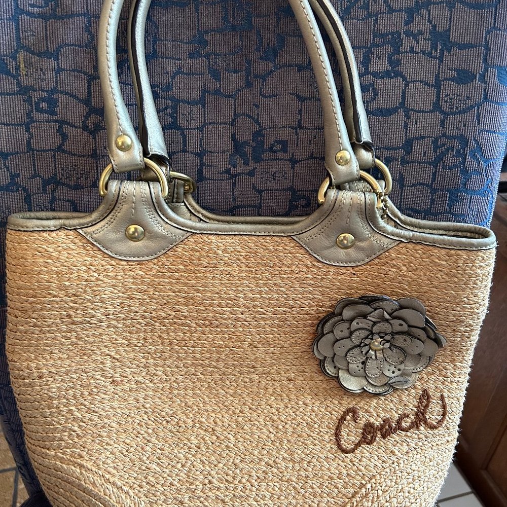 Coach Bleeker Straw Handbag with Silver handles and adornment